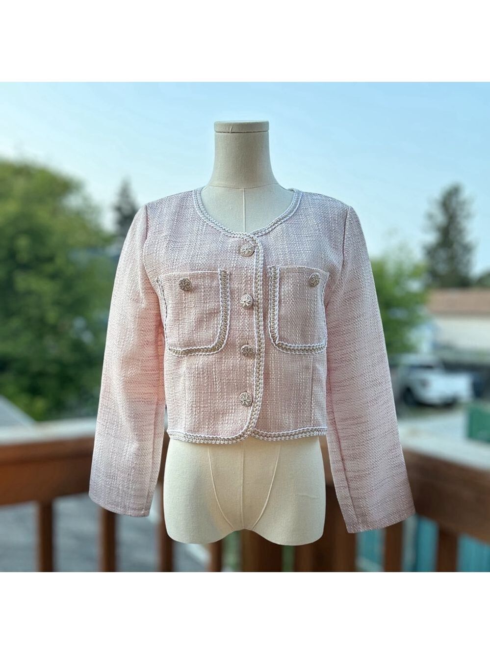 Hello Fashion Pink White Tweed Jacket Blazer Floral Button Gold Trim Women Sz M